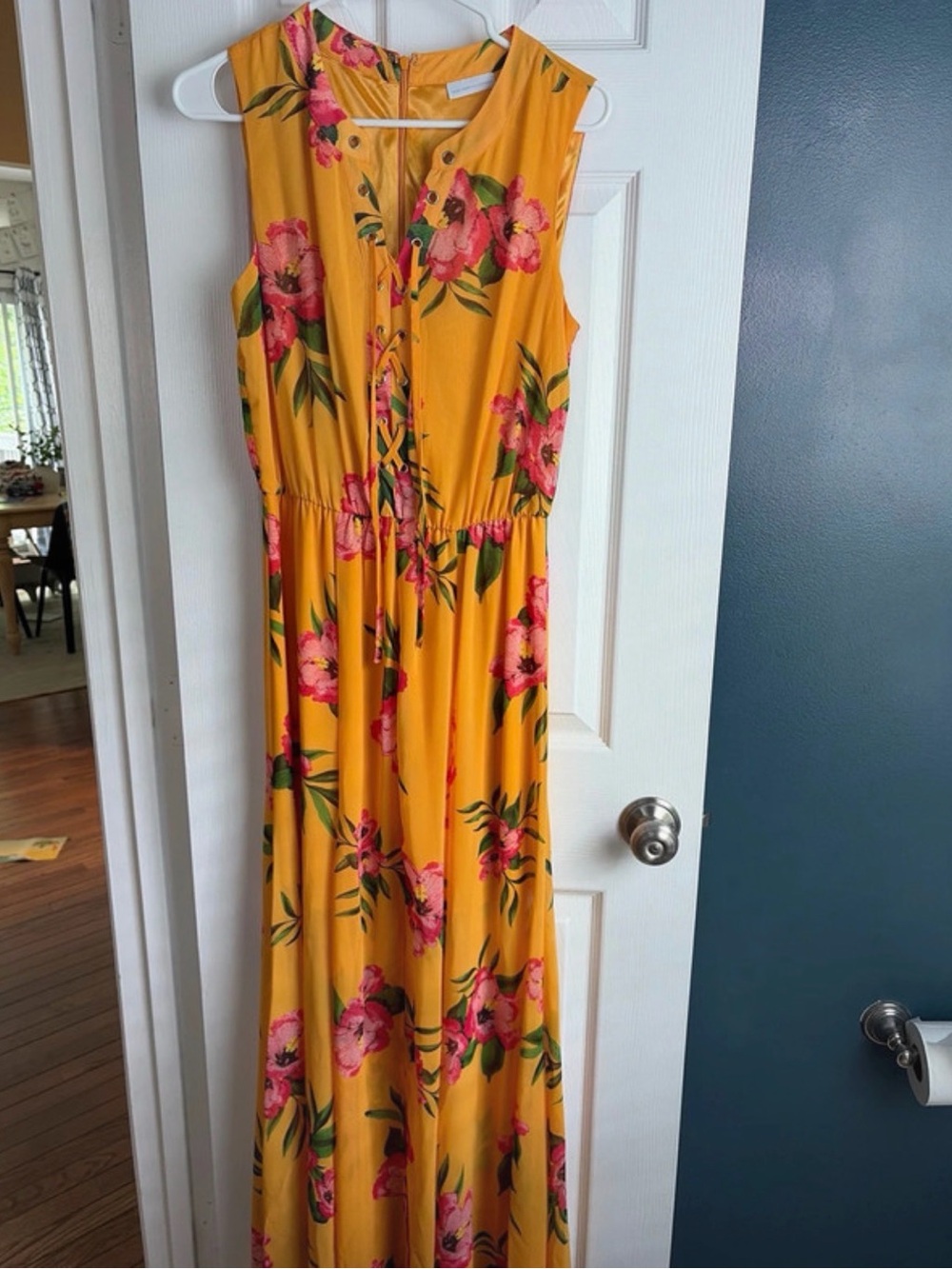 New York & Company Sleeveless Yellow Floral Maxi Dress with Pink Blooms
